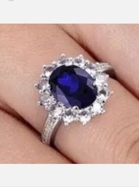 Blue Sapphire Gemstone Jewelry Princess Cut 14K White Gold Plated Halo Ring